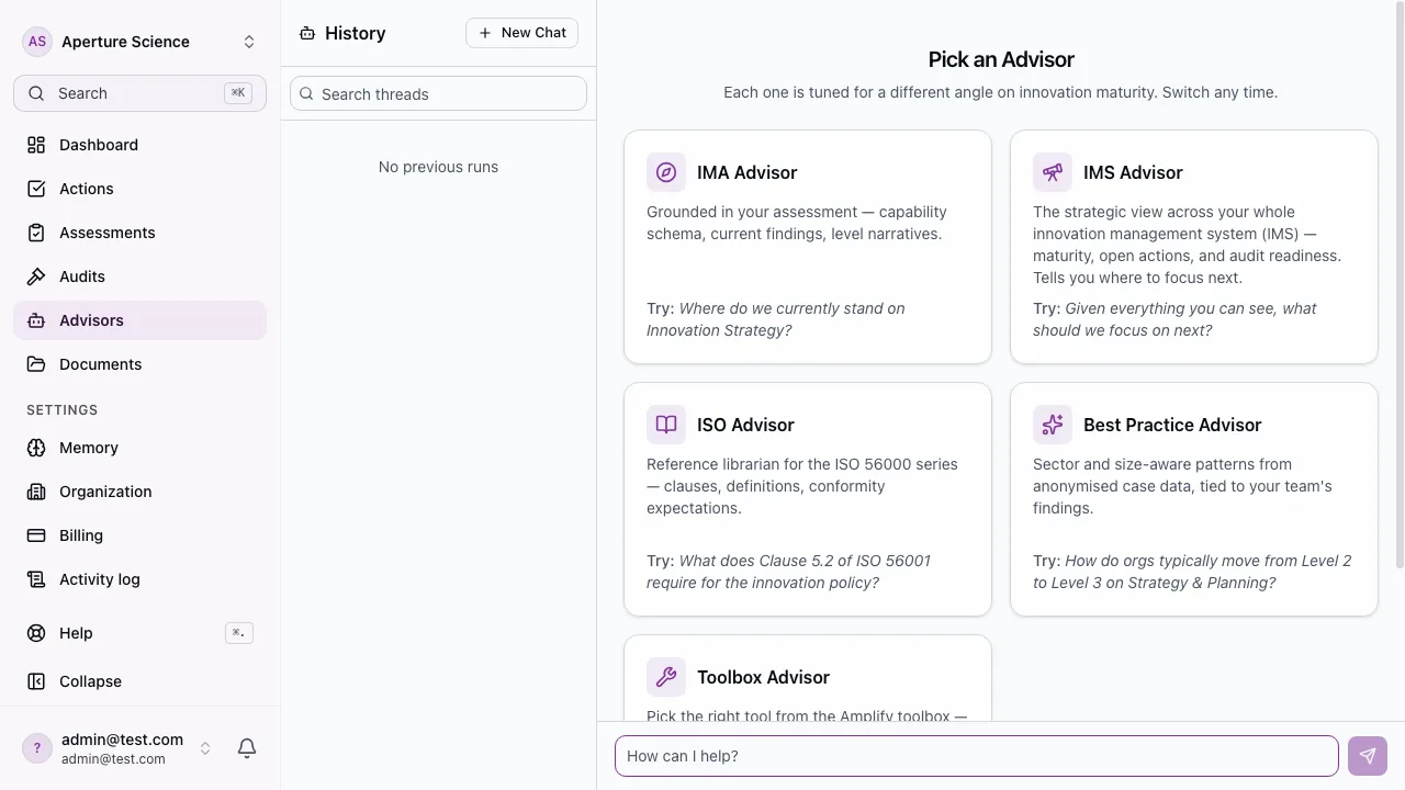 The Advisors hub, showing the conversational advisors grounded in Amplify's methodology