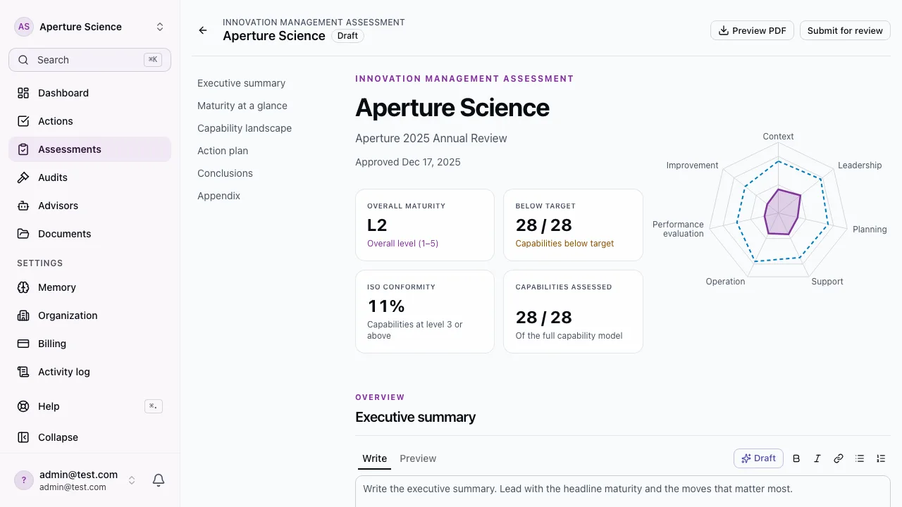 A generated maturity report with an executive summary, maturity scorecard, and action plan